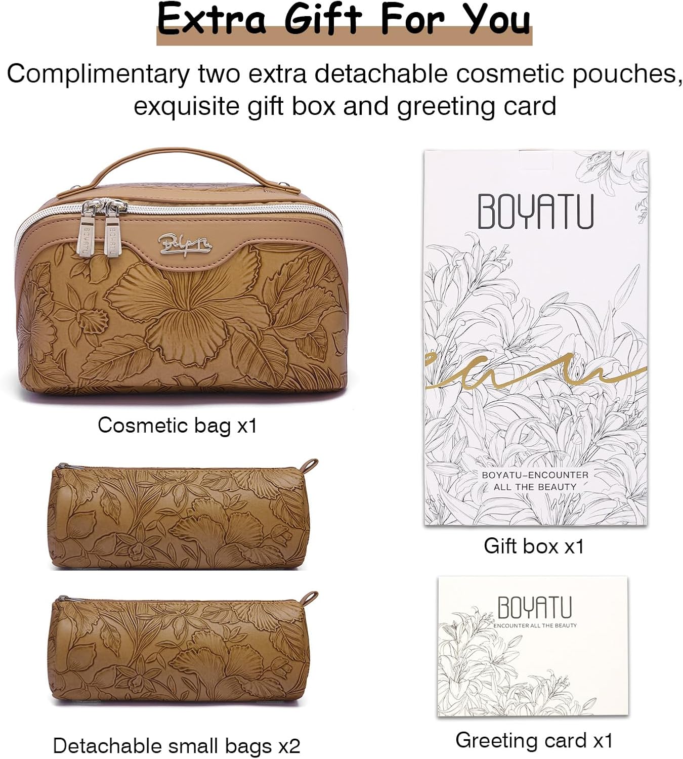 BOYATU Travel Makeup Bags Cosmetic Organizer Bag: 3-Set Large Capacity Make up Bag - PU Leather Toiletry Bags for Women - Wide Open Portable Pouch with Divider & Handle (01-Z-Brown)