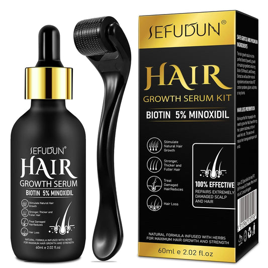 5% Minoxidil for Men and Women with Derma Roller, Hair Growth Serum & Beard Growth Kit, Minoxidil Biotin Hair Regrowth Treatment for Thicker, Fuller Hair - Stop Scalp Hair Loss & Thinning - 2.02 oz