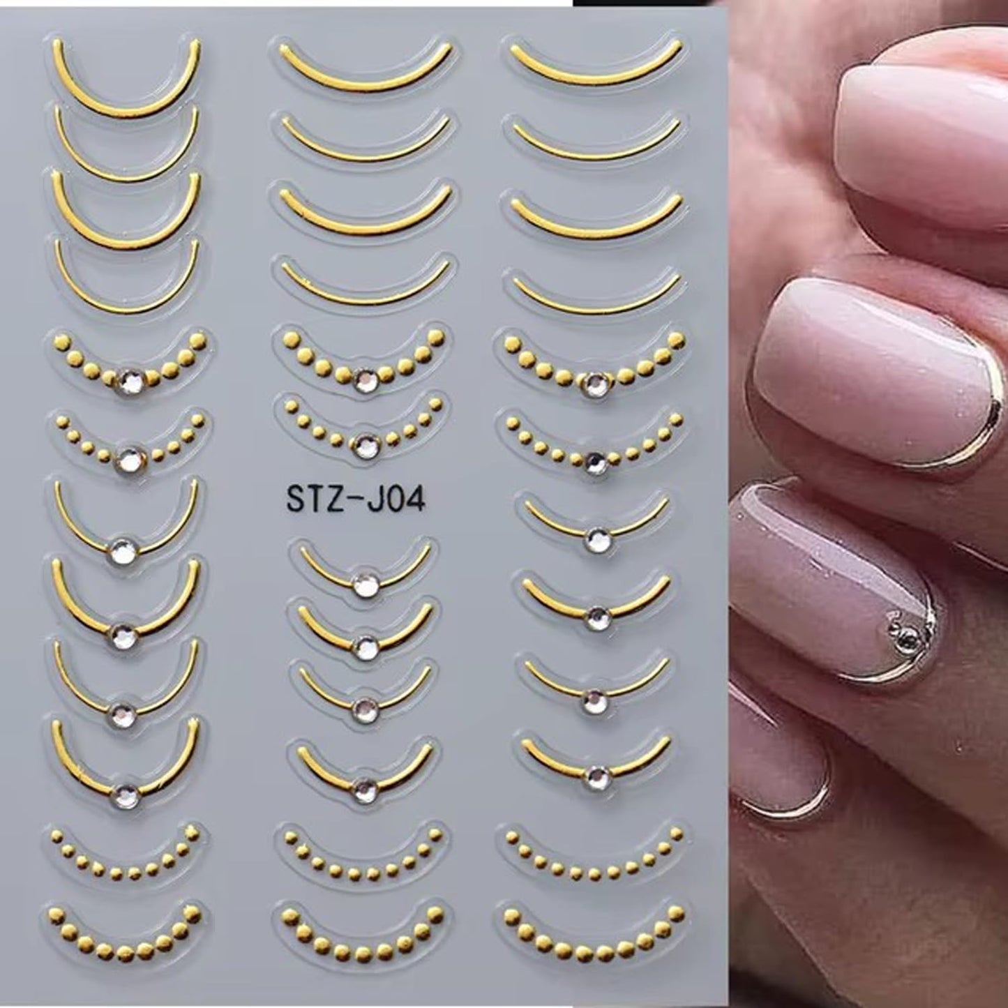 4 Sheets French Tip Nail Art Stickers Luxury Crystal Rhinestones with Stripe Lines French Gold Silver Rose Black Design 3D Nail Supplies for Women Girls DIY Manicure Art Accessories Metallic Set