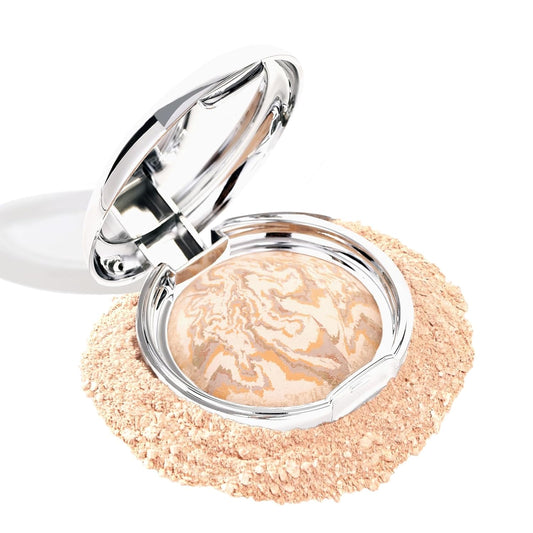 Marbleized Baked Foundation Makeup, Balance and Brighten Color Correcting Powder Foundation - Buildable Light to Medium Coverage - Demi-Matte Natural Finish (#001 FAIR, 0.32 Oz)
