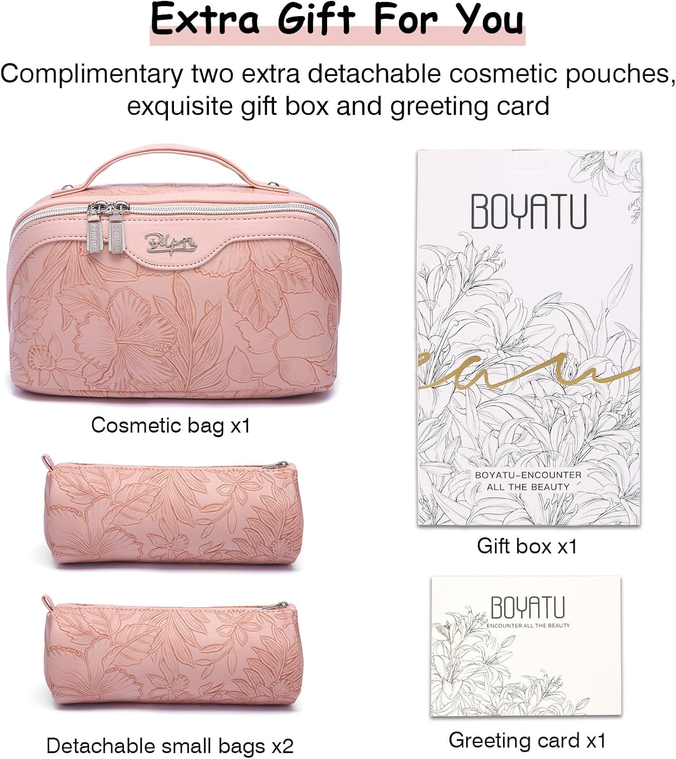 BOYATU Travel Makeup Bags Cosmetic Organizer Bag: 3-Set Large Capacity Make up Bag - PU Leather Toiletry Bags for Women - Wide Open Portable Pouch with Divider & Handle (01-Z-Pink)