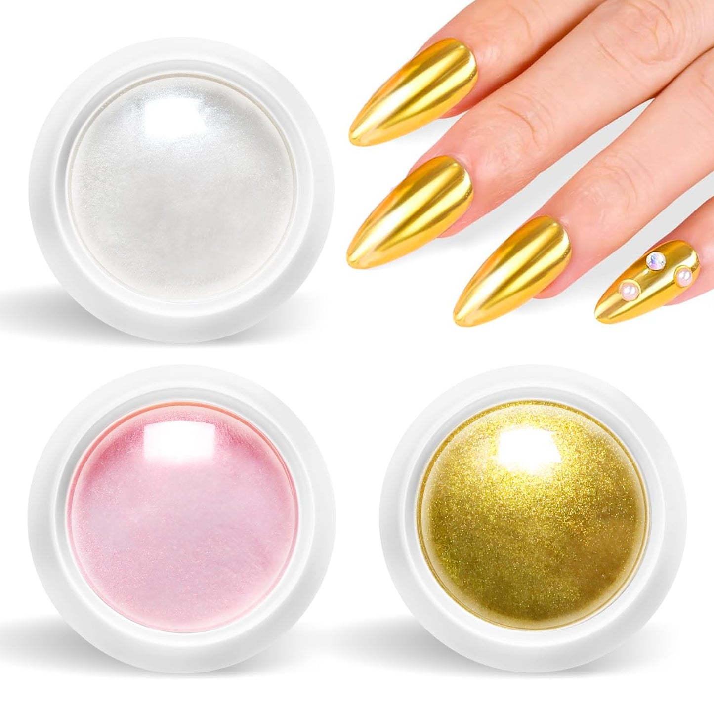 Chrome Nail Powder -【Super Metallic Mirror Effect】Pink White Gold Chrome Powder Shiny Nail Glitter Chrome Powder Nail Powder Pigment for Nail Art Design Decoration
