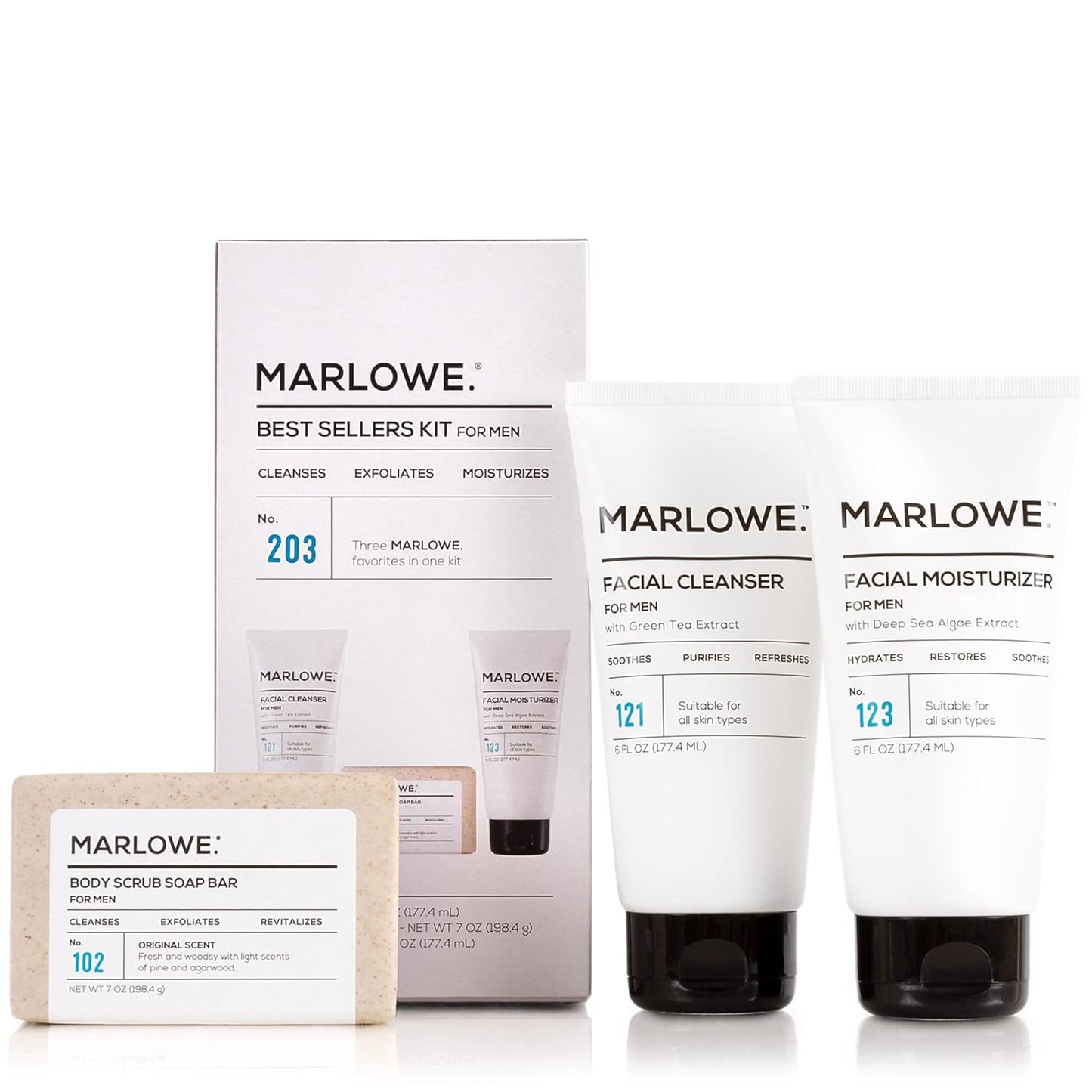 MARLOWE. Best Sellers Kit | No. 203 | Features Signature Body Scrub Soap Bar, Men's Facial Cleanser & Facial Moisturizer | Great Gift for Men