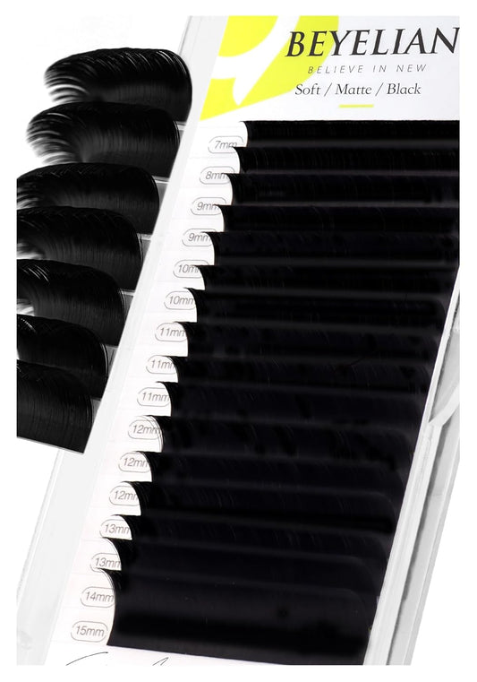 BEYELIAN Eyelash Extension Natural Matte Black 0.15 D+ Curl 7-15mm Mixed Tray Easy Fan Lash Extensions Volume Lashes Professional Use (0.15 D+ 7-15mm Mix)