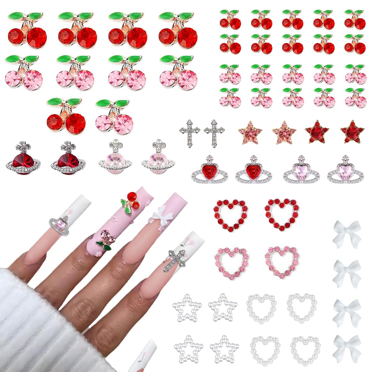60Pcs Nail Charms Rhinestone Red Pink Cherry Nail Art Gems Star Heart Planet Nail Jewelry Decorations Saturn Shape Acrylic Nail Accessories for Women Girl DIY Crafts Supplies