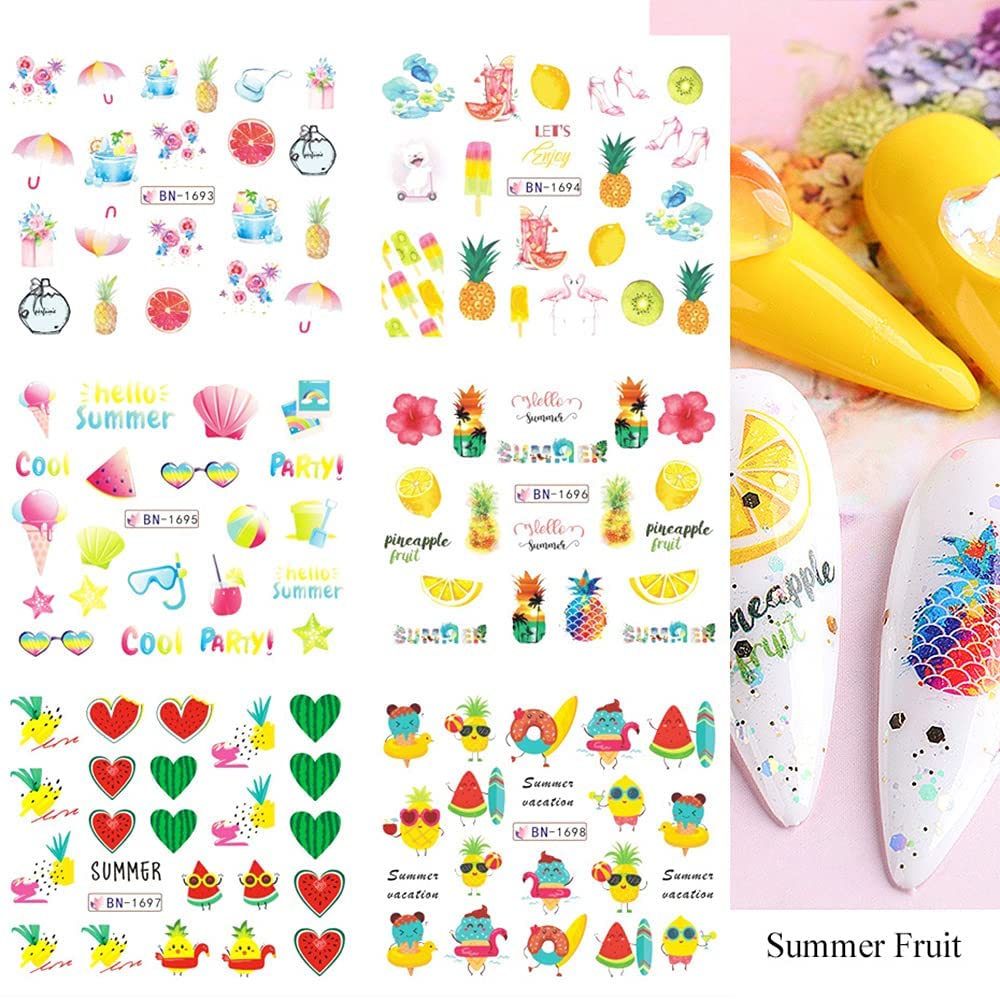 ROMODIYA Summer Nail Stickers & Decals, 12 Sheets, Multicolor Fruits & Flamingo Tropical Designs, Water Transfer Nail Decals for Women & Girls, DIY Nail Art Accessories