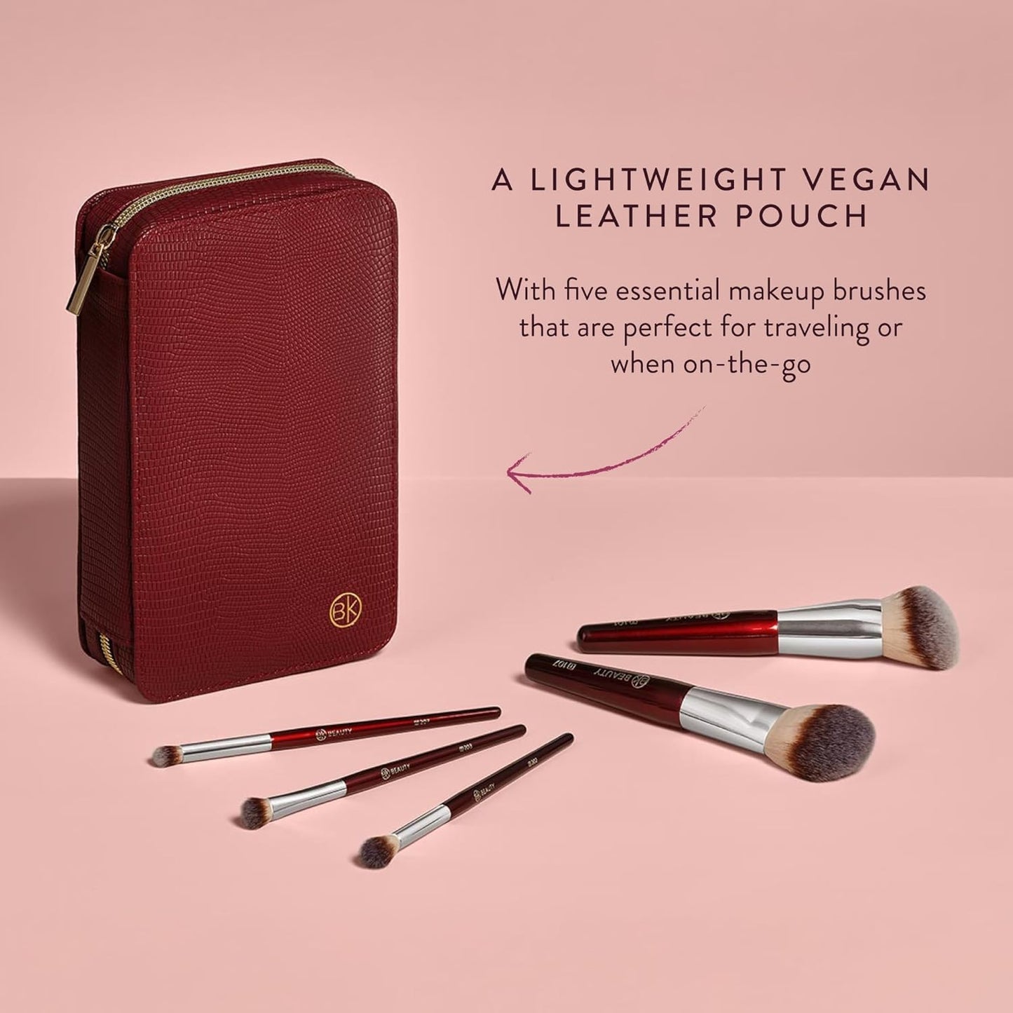 BK BEAUTY Travel Brush Set with Pouch 5-Piece Vegan, Cruelty-Free Brushes for Face & Eyes | Lightweight, Durable Makeup Brushes in Vegan Leather Pouch Perfect Travel-Size Makeup Brush Set