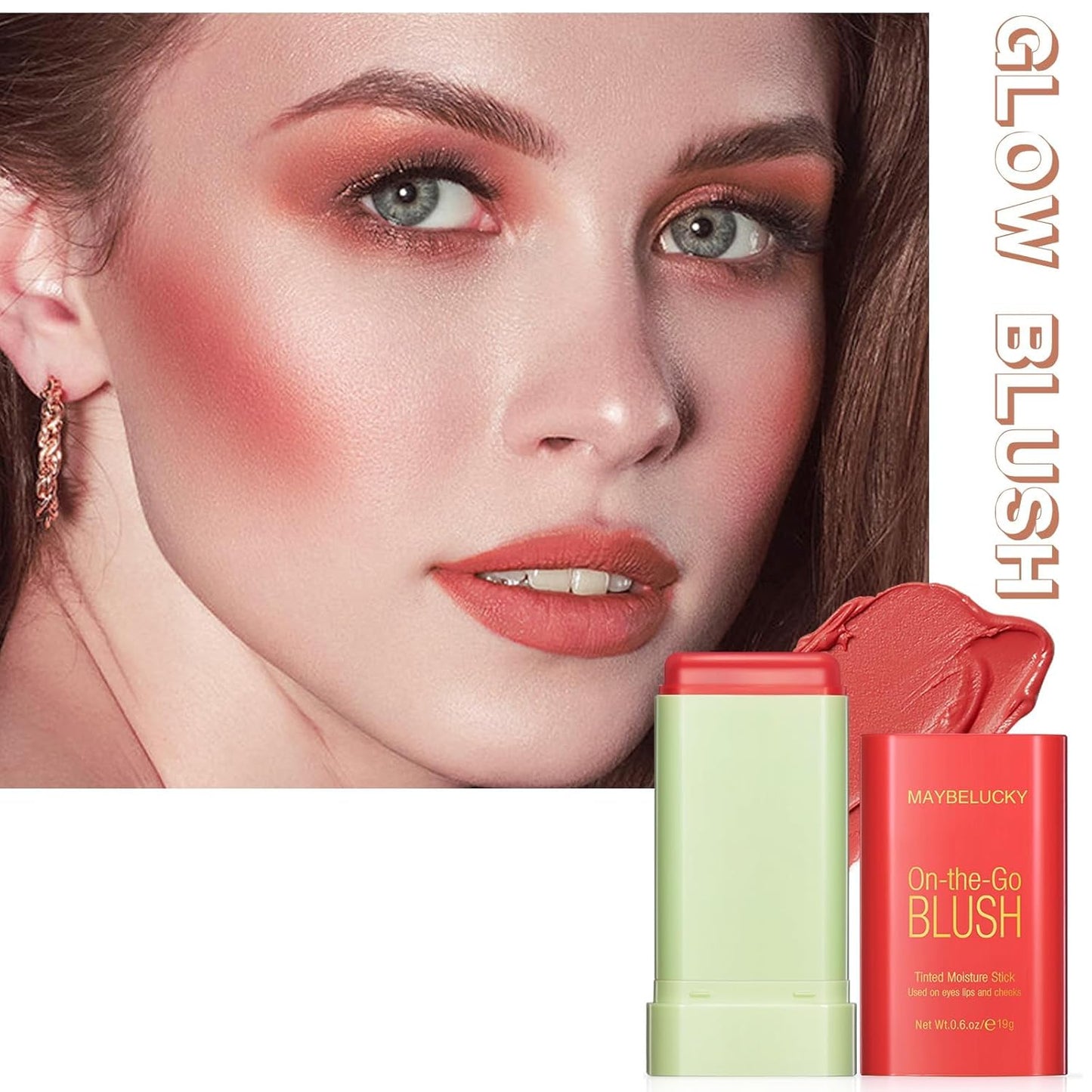 Cream Blush Stick for Cheeks, Multi-Use Makeup Blush Stick for Eye Lip Face, Travel-Friendly Tinted Solid Moisturizer Matte Blush, Natural Glow Blendable Smooth Blusher with Brush-Orange Coral