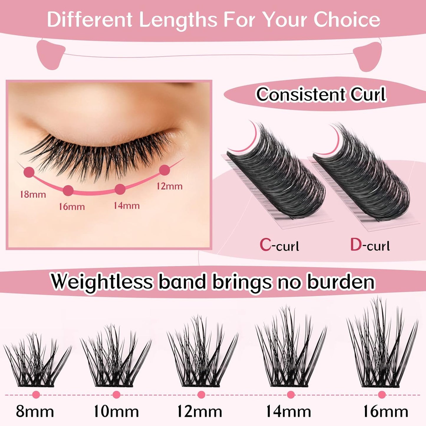 Cluster Lashes 72 Pcs Lash Clusters DIY Eyelash Extension Individual Lashes D-16mm Thin Band Easy to Apply at home Lashes (Attraction, D-16mm)