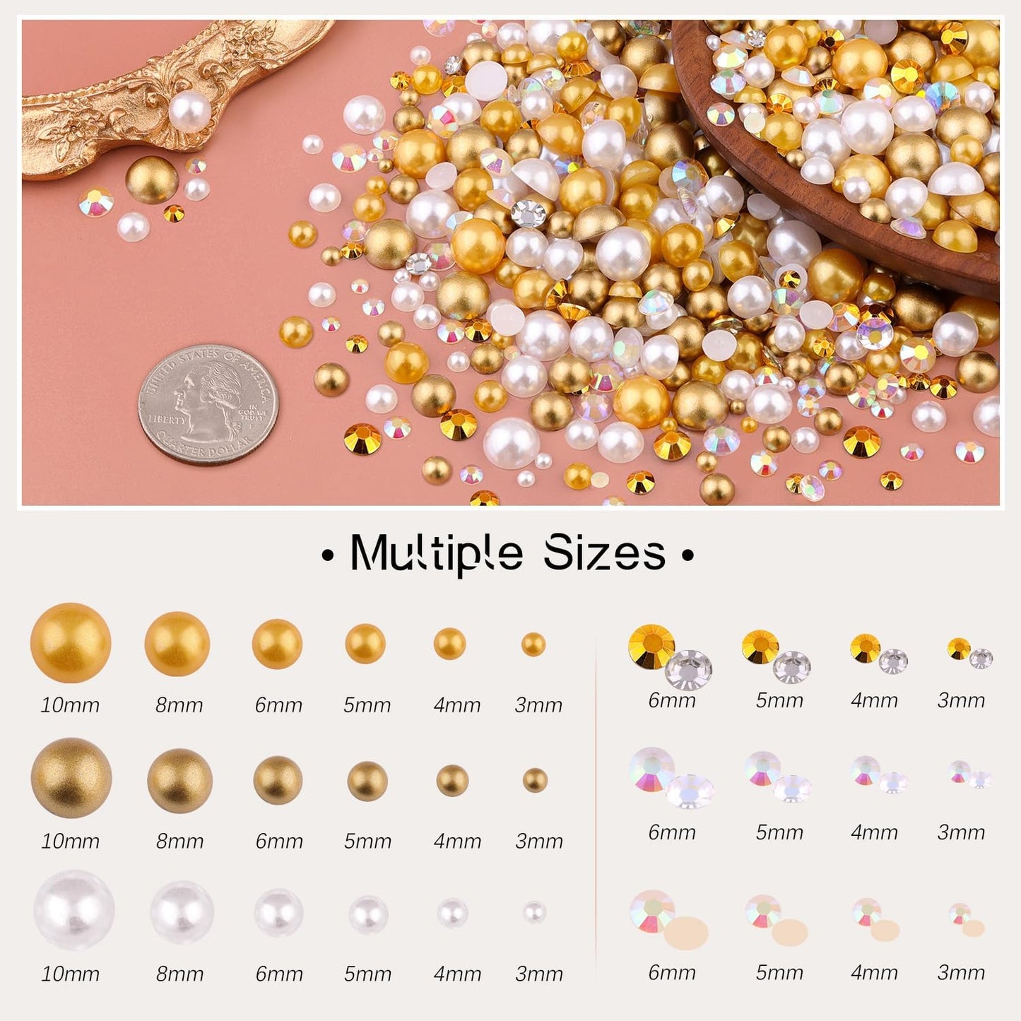 80g Flatback Pearls and Rhinestones for Crafting, White Brown 3-10mm Resin Rhinestones and Half Pearls for Bedazzling, Nail Art and Dec with 3pcs 10ml B7000 Jewelry Glue, Tweezer and Pickup Pencil