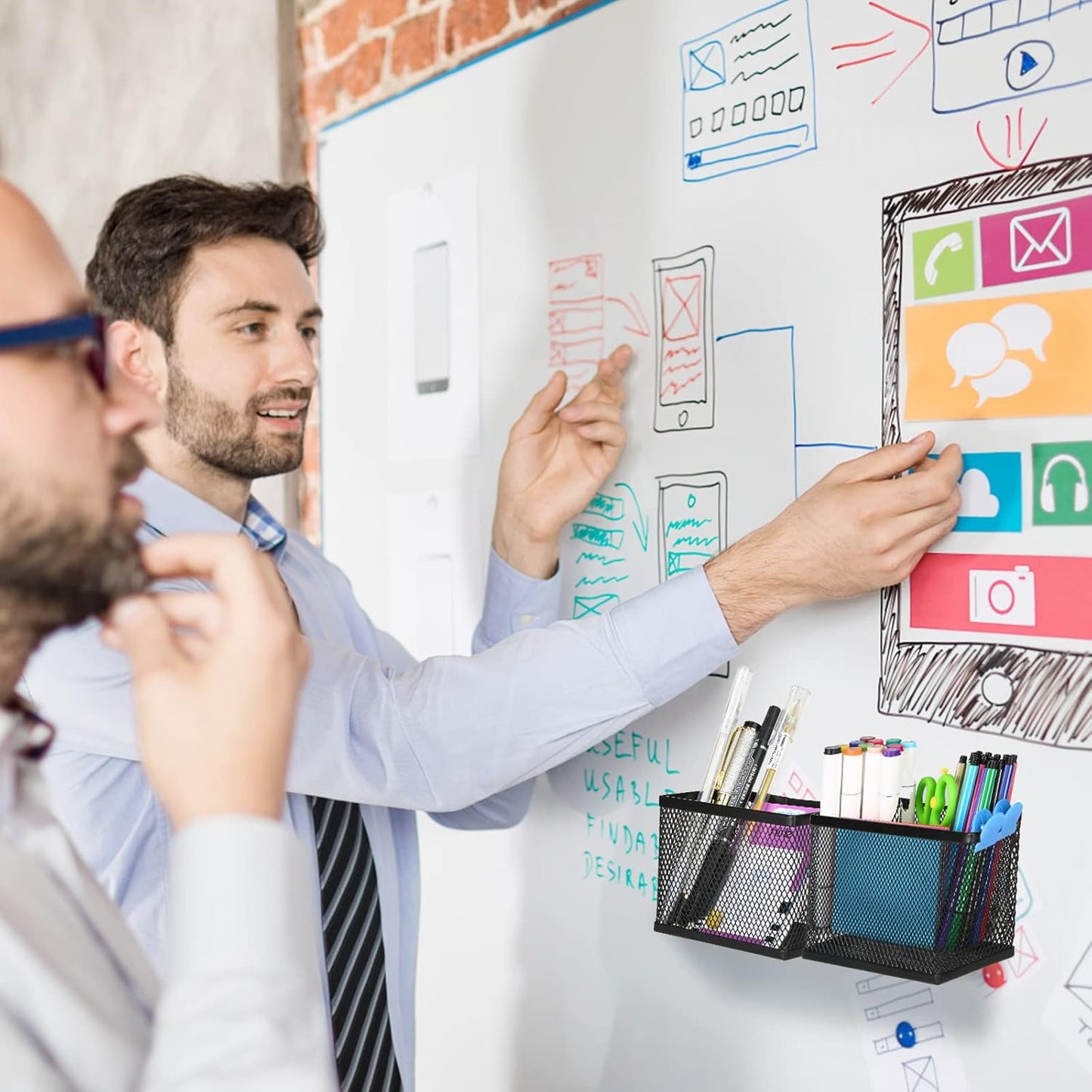 Neudeco Magnetic Pencil Holder, Locker Shelf Organizer, Metal Storage Basket for Whiteboard, Refrigerator, Ideal Cabinet for School, Black (Pack 4)