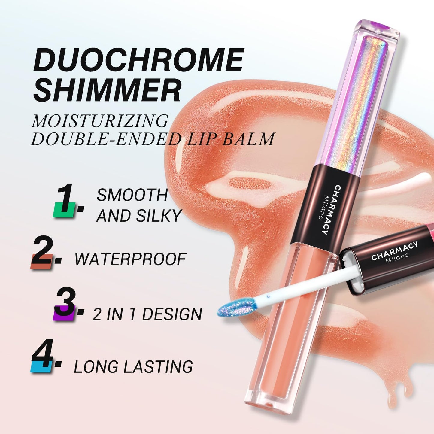 CHARMACY 2 In 1 Multichrome Moisturizing Lip Gloss, Double Head Liquid Lipstick, Mirror Waterproof Long Lasting No Fading Lip Balm, Hydrating Lip Plumper Waterlight Glossy Makeup #002