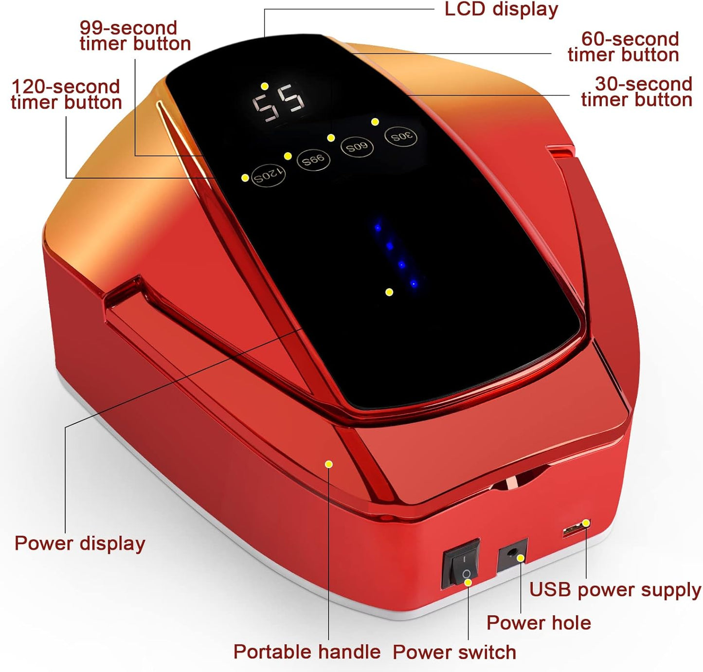 96w Cordless LED Nail Lamp with Portable Handle Professional Curing UV Lamp for Gel Nails Auto Infrared Sensor and 4 Timers (Red)