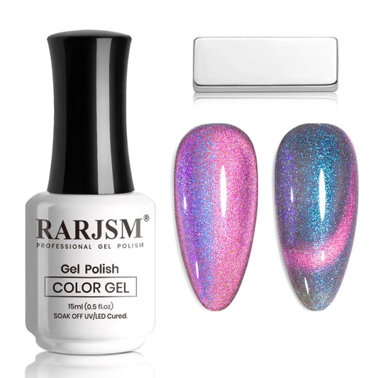 RARJSM Aurora Cat Eye Gel Nail Polish with Magnet Stick Blue Purple Multi Color 9D Diamond Galaxy Cateye Gel Polish Chunky Shimmer UV LED Curing Requires Soak Off for Home Salon Manicure 15ml