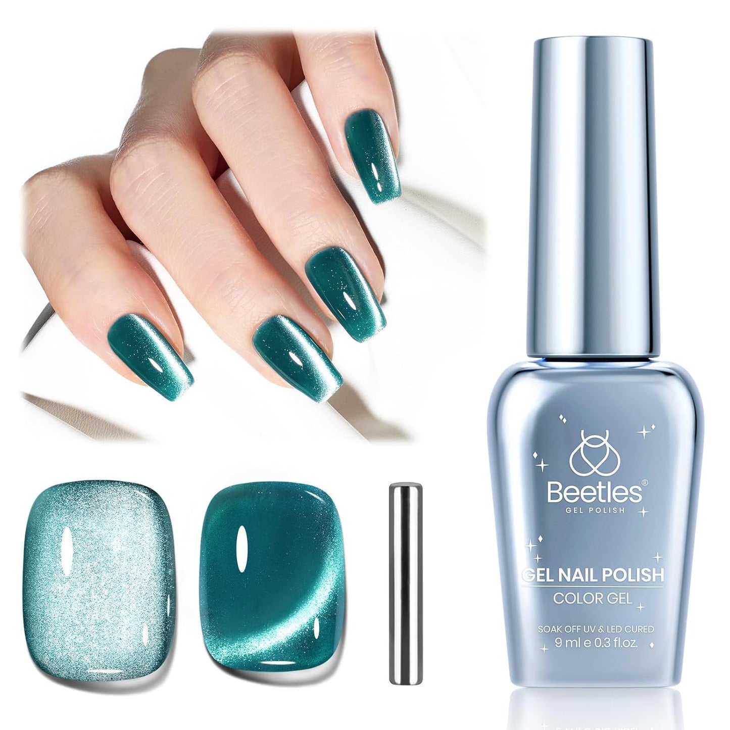 Beetles Green Cat Eye Gel Nail Polish, 9ml Glitter Gel Polish with Magnet Shimmer Green Velvet Soak Off UV LED Nail Lamp Nail Art DIY Home Manicure Design Gift for Women