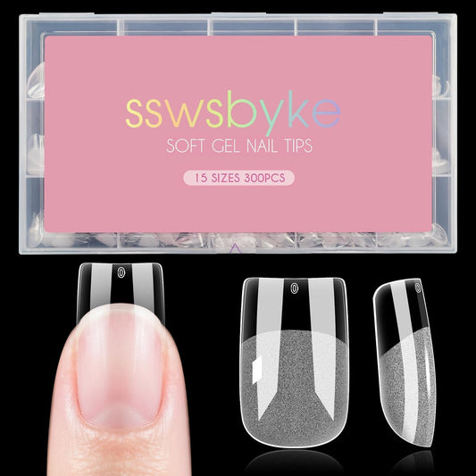 Short Square Nail Tips, SSWSBYKE 300pcs Soft Gel Nail Tips for Full Cover Pre-Shaped Acrylic Fake Nails Tips 15 Sizes Half Matte Press On Nails for Extension Home DIY Salon