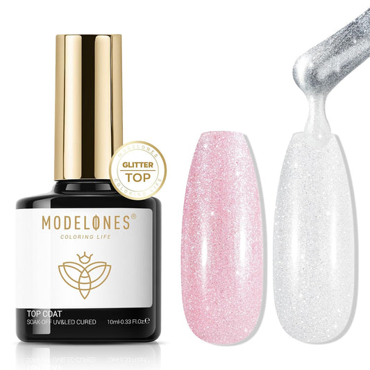 Modelones Glitter Gel Top Coat, Ultra Fine White Aurora Clear Glitter Gel Polish Glossy Sparkle Finish Long Lasting Soak Off Pearlescent Shimmer Manicure Nail Art Gift for Women Girls
