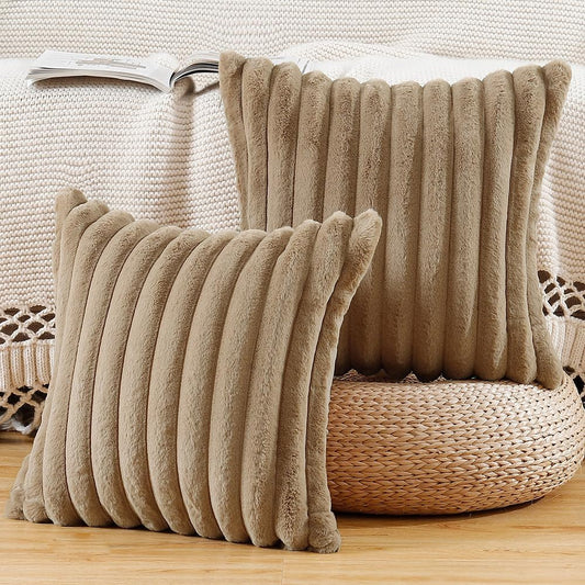 MADIZZ Set of 2 Faux Wool Plush Decorative Throw Pillow Covers 22x22 Inch Brown Fluffy Striped Soft Decorative Cushion Cover for Sofa Bedroom Pillow Shell