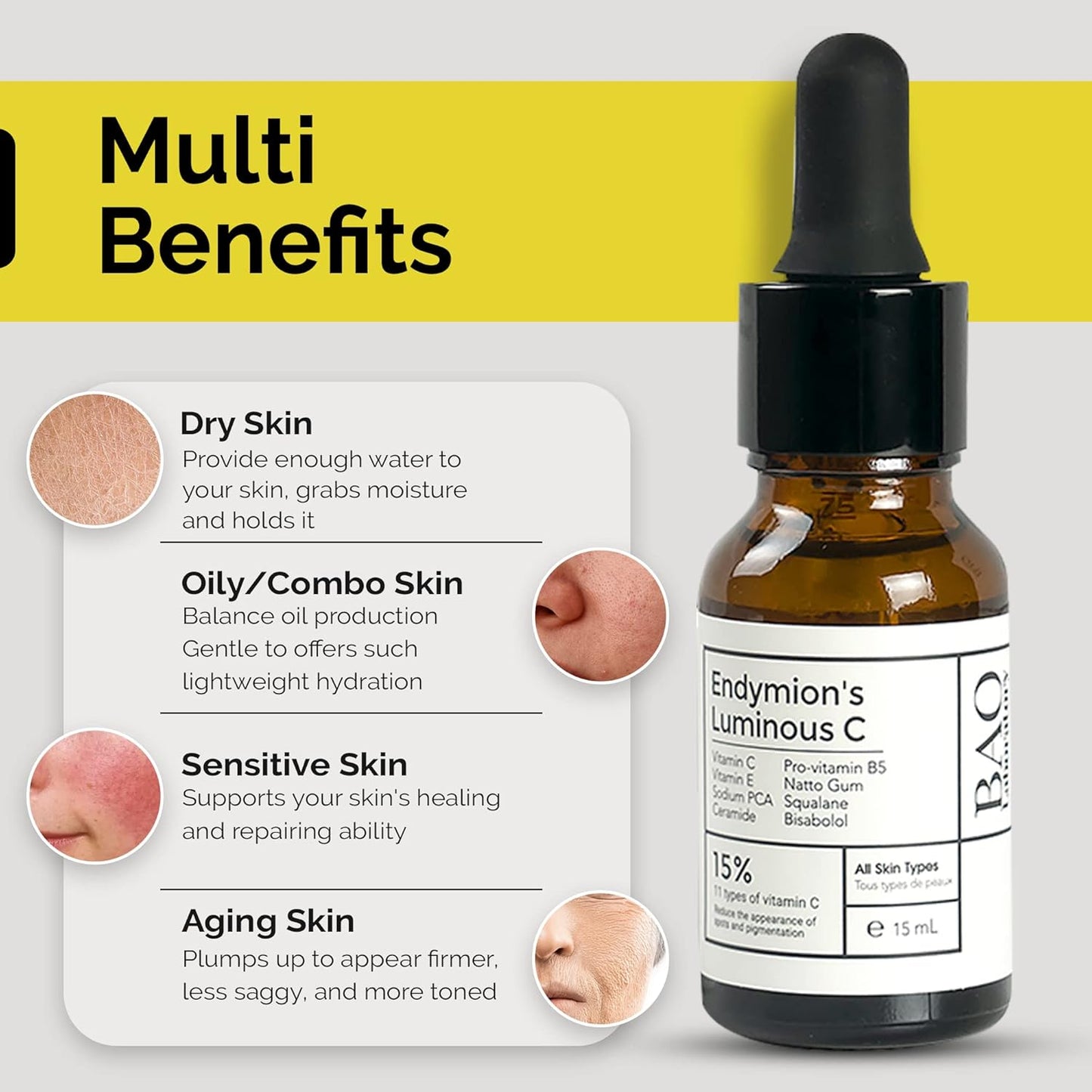 ENDYMION’S LUMINOUS C Face Serum | Bisabolol, Squalane, Vitamin C &E | Multi Vitamin Serum for Brightening, Regenerating And Refreshing Skin| For All Skin Types (15 ML)