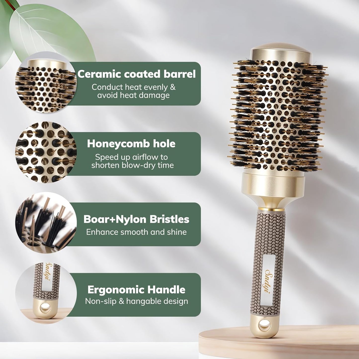 Round Brush for Blow Drying, Nano Thermal Ceramic & Ionic Tech Hair Brush with Boar Bristles, Professional Barrel Brush for Styling,Curling and Straightening by Sndyi (3.3 Inch, 2.1 Inch)