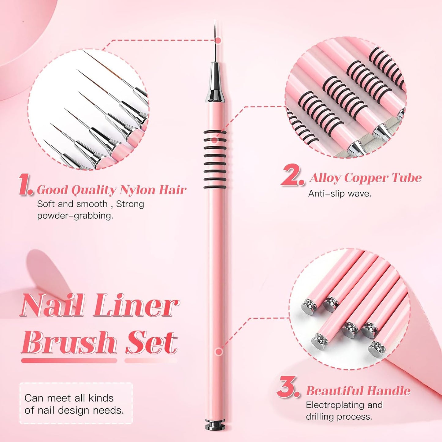 Nail Art Liner Brushes Set, 6Pcs Nail Art Design Brush Striping Thin Long Lines Dotting Drawing Pen, UV Gel Polish Painting Metal Handle Striper Brushes Size 5/7/9/11/20/25mm Pink