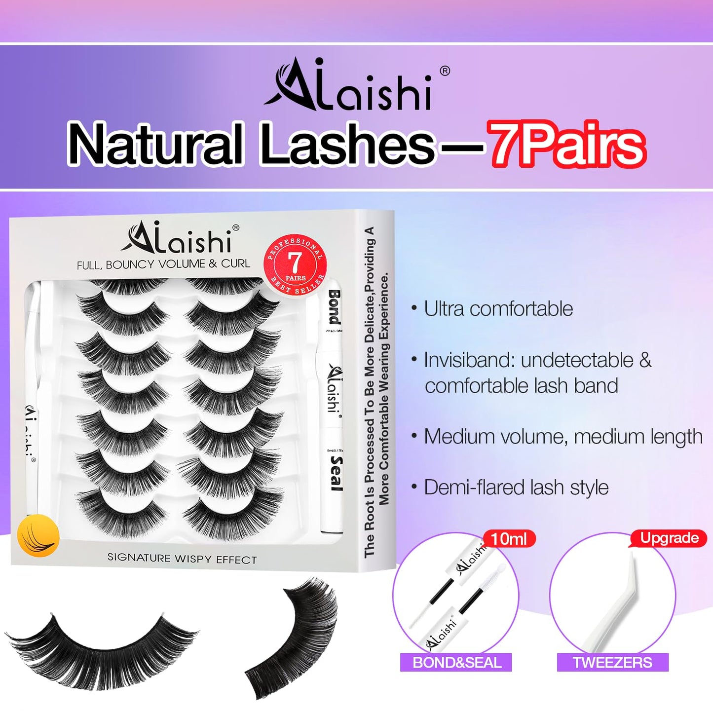 Fluffy False Eyelashes Kit With Bond, Seal and Tweezer, 7 Pairs Natural Look Fake Cat Eye Lashes Strips Thin Band Extensions Waterproof Easy Eyelashes for Beginners DF100