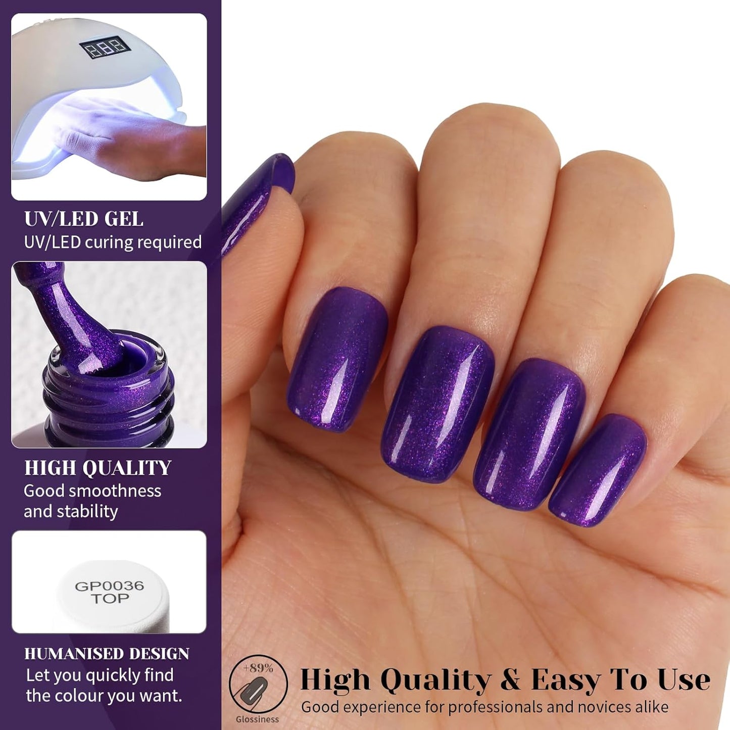 Glitter Deep Purple Gel Polish,15ml UV/LED Soak Off Sparkly Shimmer Dark Violets Purple Gel Nail Polish for Manicure Salon or DIY Nail Art at Home,Women Girls Gifts - GP0094