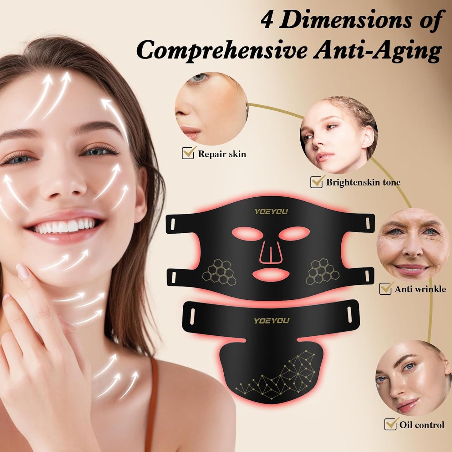 Red Light Therapy for Face and Neck, Infrared LED Mask Light Therapy 4 Light Waves with 850nm Near Infrared, Portable Rechargeable Red Light Therapy Mask Skincare Device for Facial Rejuvenation