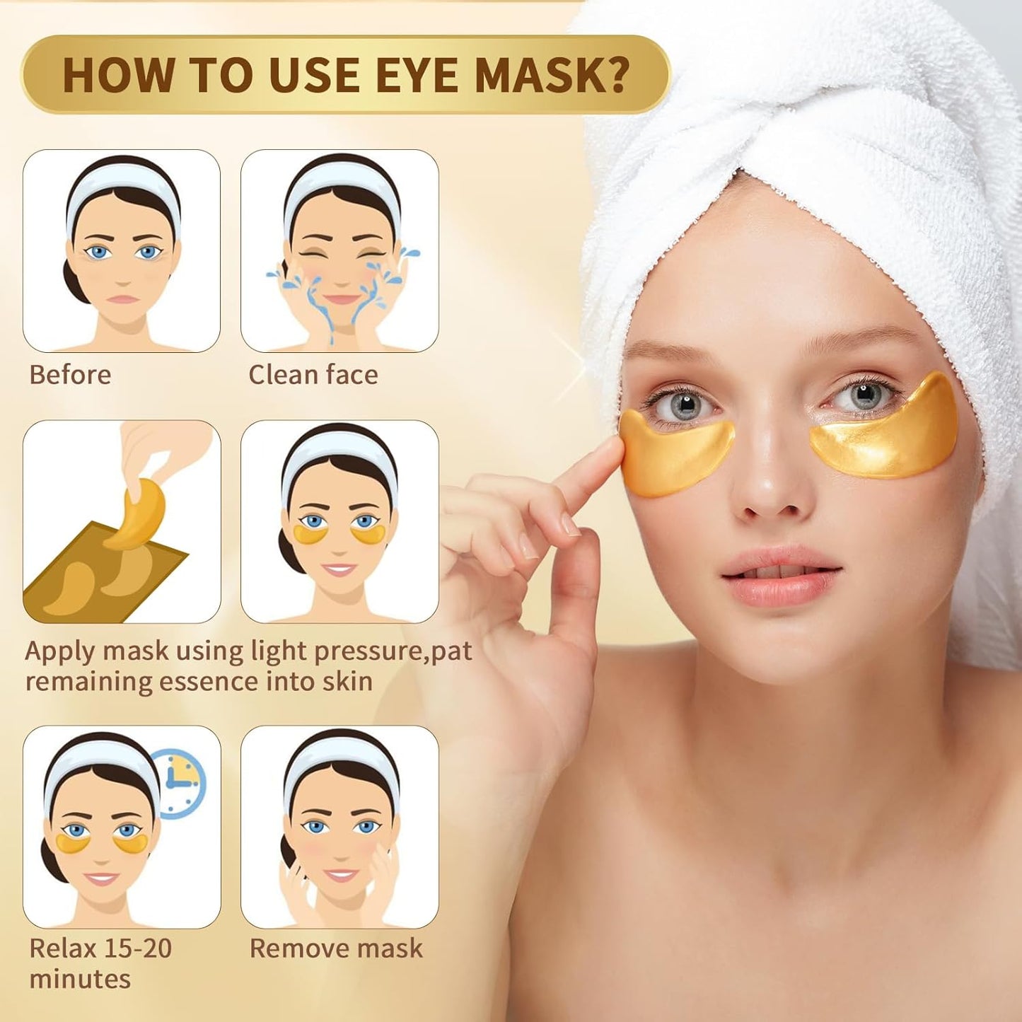 50 Pairs 24K Gold Eye Mask, Collagen Under Eye Mask for Dark Cirlce, Puffiness, Refresh, Revitalizing, Travel, Wrinkles, Eye Patches Luxury Gift for Women & Men