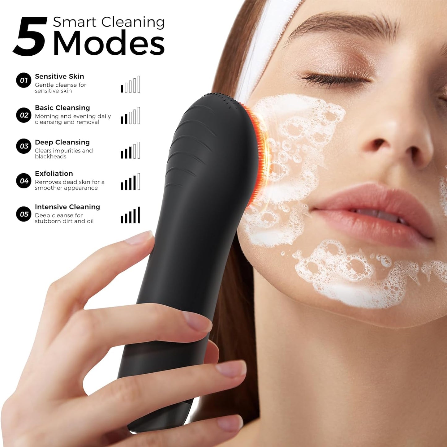 Facial Cleansing Brush: Rechargeable LED Electric Face Cleansing Brush with 4 Gentle Light Liquid Silicone Modes Face Scrubber Exfoliator,IPX7 Waterproof Ideal Gift for Men and Women-Black