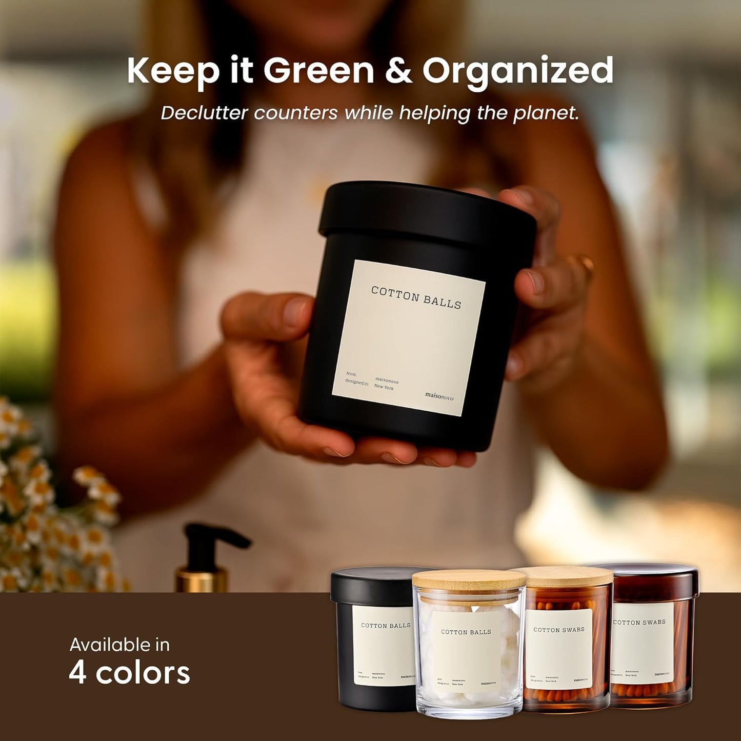 MaisoNovo Qtip Holder Bathroom Set – Airtight Glass Qtip Holder with Lid to Store Q Tips, Cotton Rounds, Cotton Balls, Floss Picks, Hair Ties with free labels pack - 2 Black Jars with Glass Lids