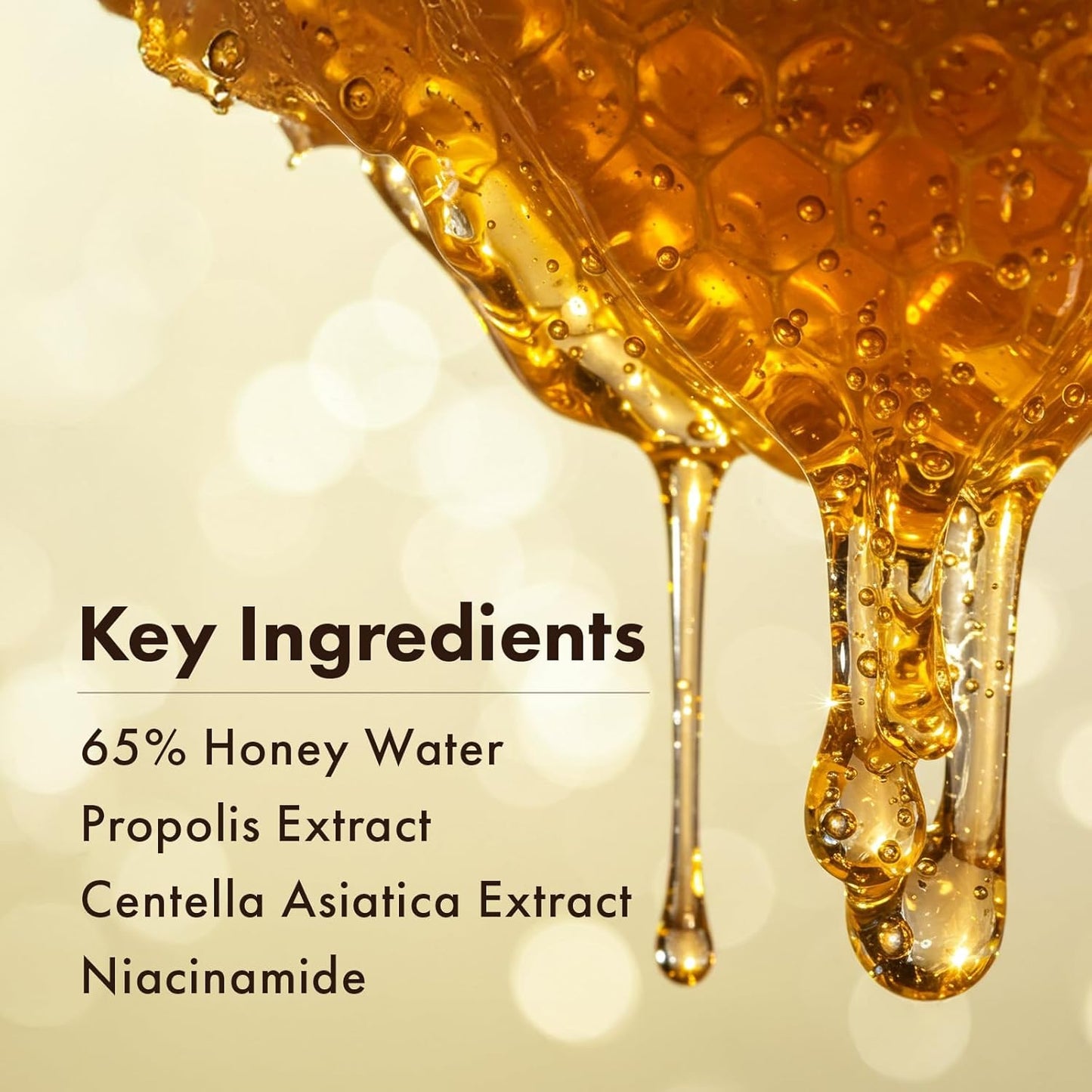 Honey Glow 65% Propolis Serum, Hyaluronic Acid, Kojic Acid, Niacinamide, Hydrating Facial Soothing Moisturizer for Irritated Uneven Skin Tone, Glass Skin, Korean Skin Care, 33ml, 1.11 fl.oz.