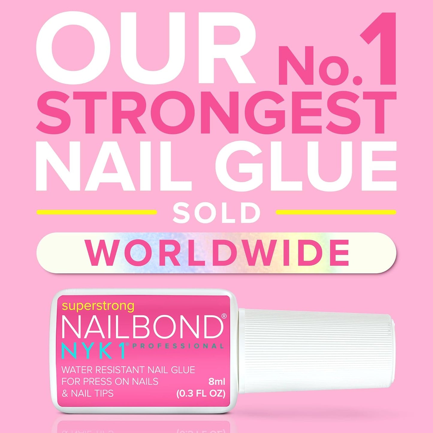 Super Strong Nail Glue for Press On Nails, Nail Tips & Acrylic Fake Nails (8ml) NYK1 NailBond Brush On Glue for Press Ons, Tips & Acrylics - Long Lasting, Maximum Strength, Mess-Free Application