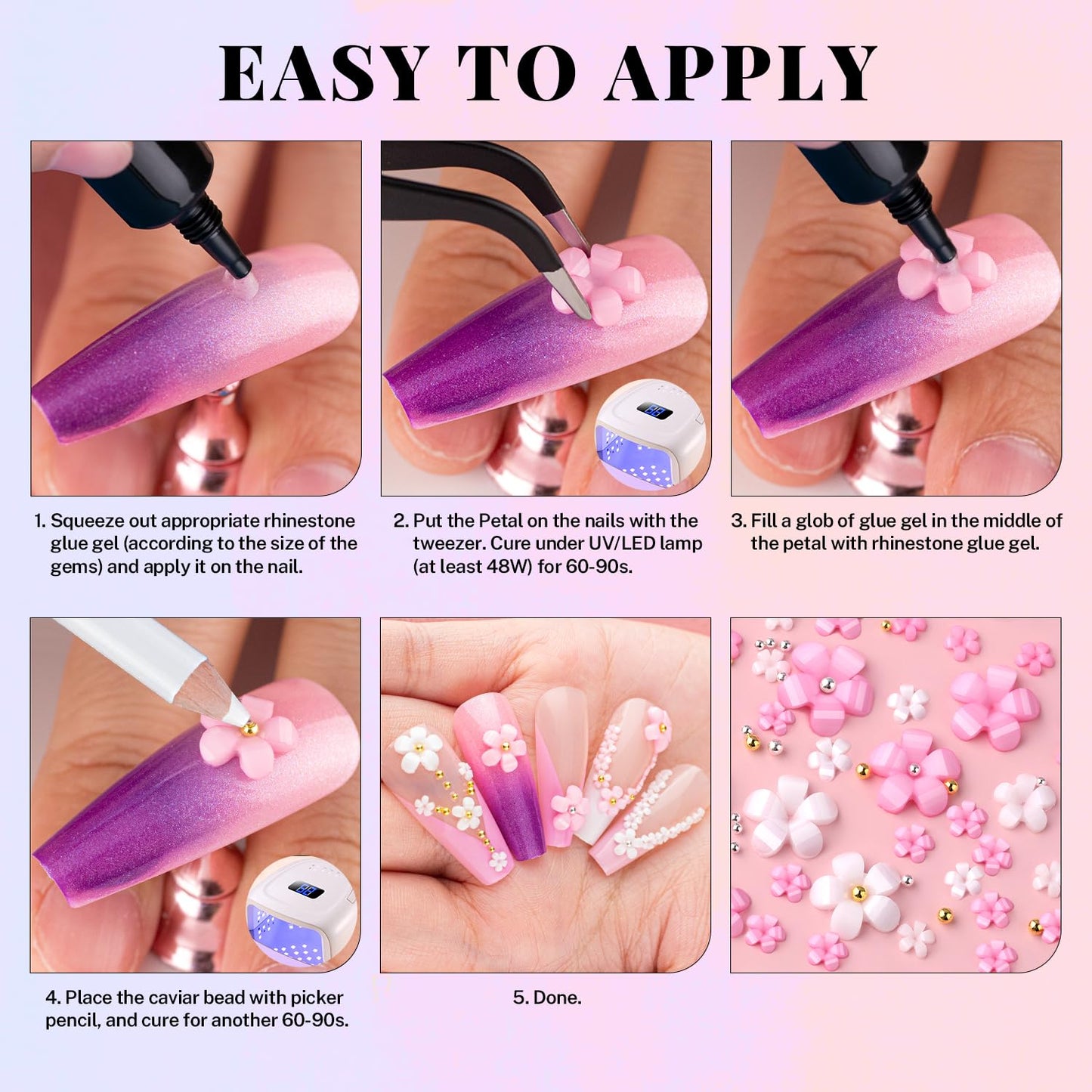 3D Flowers, Manicure Kit with Rhinestone Glue Gel, Colorful Acrylic Flower Nail Charms with Caviar Beads, Rhinestones for Nails with Gem Glue (UV/LED Needed) with Pickup & Dotting Tools