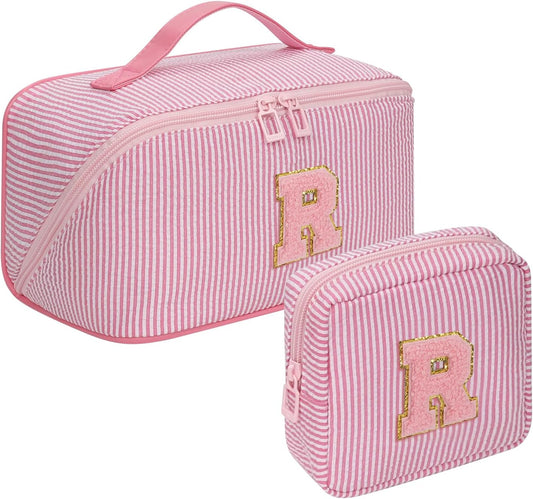 Travel Makeup Bag for Women, 2Pcs Portable Personalized Initial Makeup Organizer Bag, Open Flat Large Cosmetic Bag With Travel Essential Pouch (Pink Letter R)