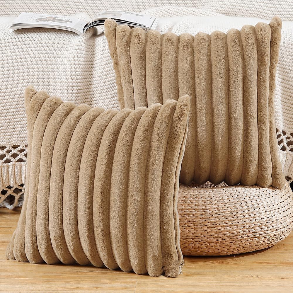 MADIZZ Set of 2 Faux Wool Plush Decorative Throw Pillow Covers 16x16 Inch Camel Fluffy Striped Soft Decorative Cushion Cover for Sofa Bedroom Pillow Shell