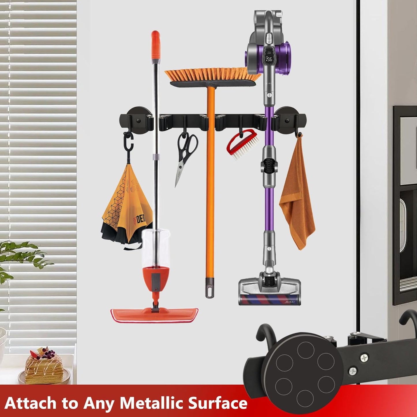 ULIBERMAGNET Magnetic Mop Broom Holder,Heavy Duty Movable Magnetic Broom Holder Rack,Anti-slip Wall Mounted Utility Storage Mop Shovel Hanger for Garage, Kitchen, Laundry, Garden(3 Racks / 4 Hooks)