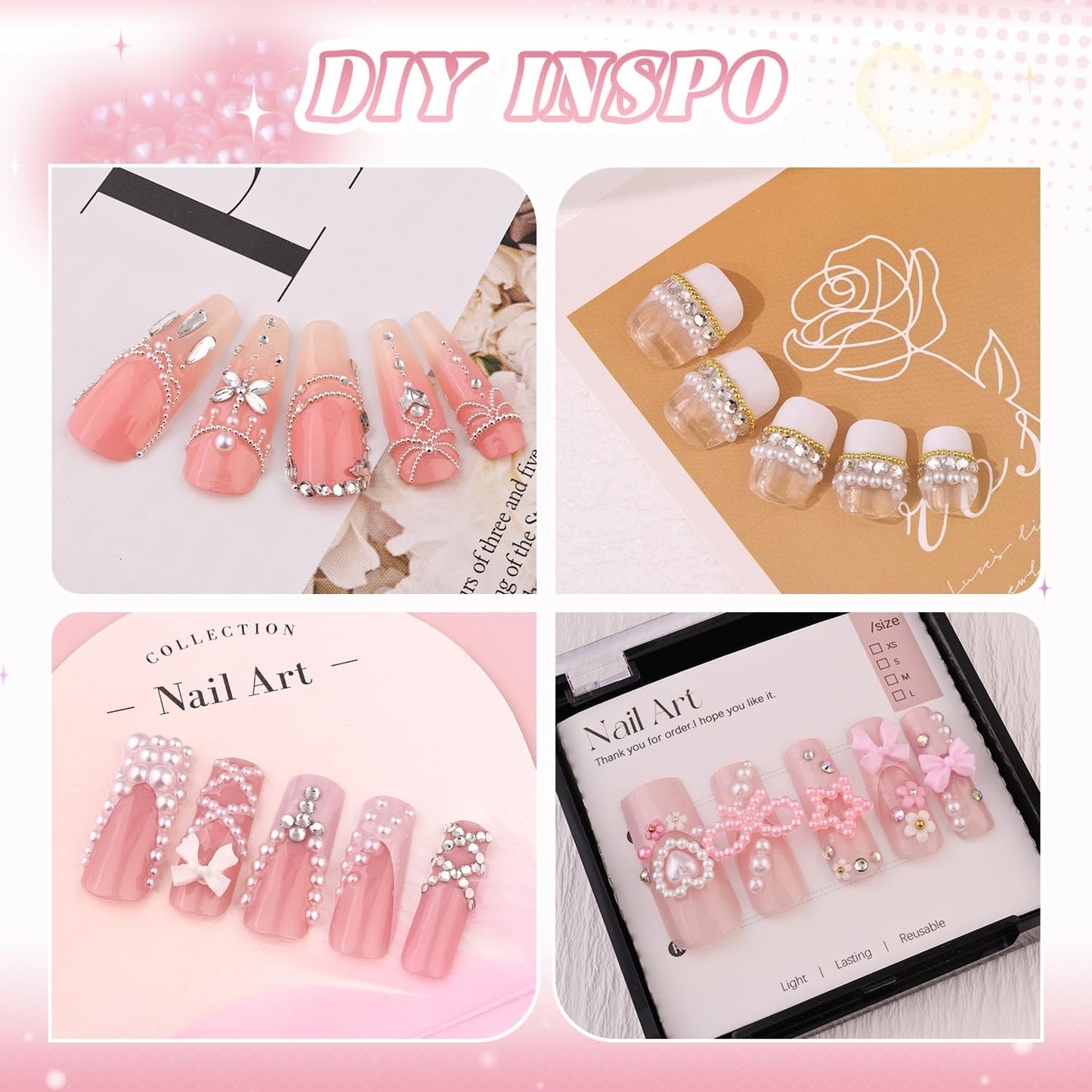 Flatback Rhinestones (Clear+AB) and Metal Steel Round Caviar Beads (Silver+Gold) with Rhinestones Glue Gel for Nail Art, Crystals Nail Charms and Caviar Beads Nail Accessories for Manicure Decor