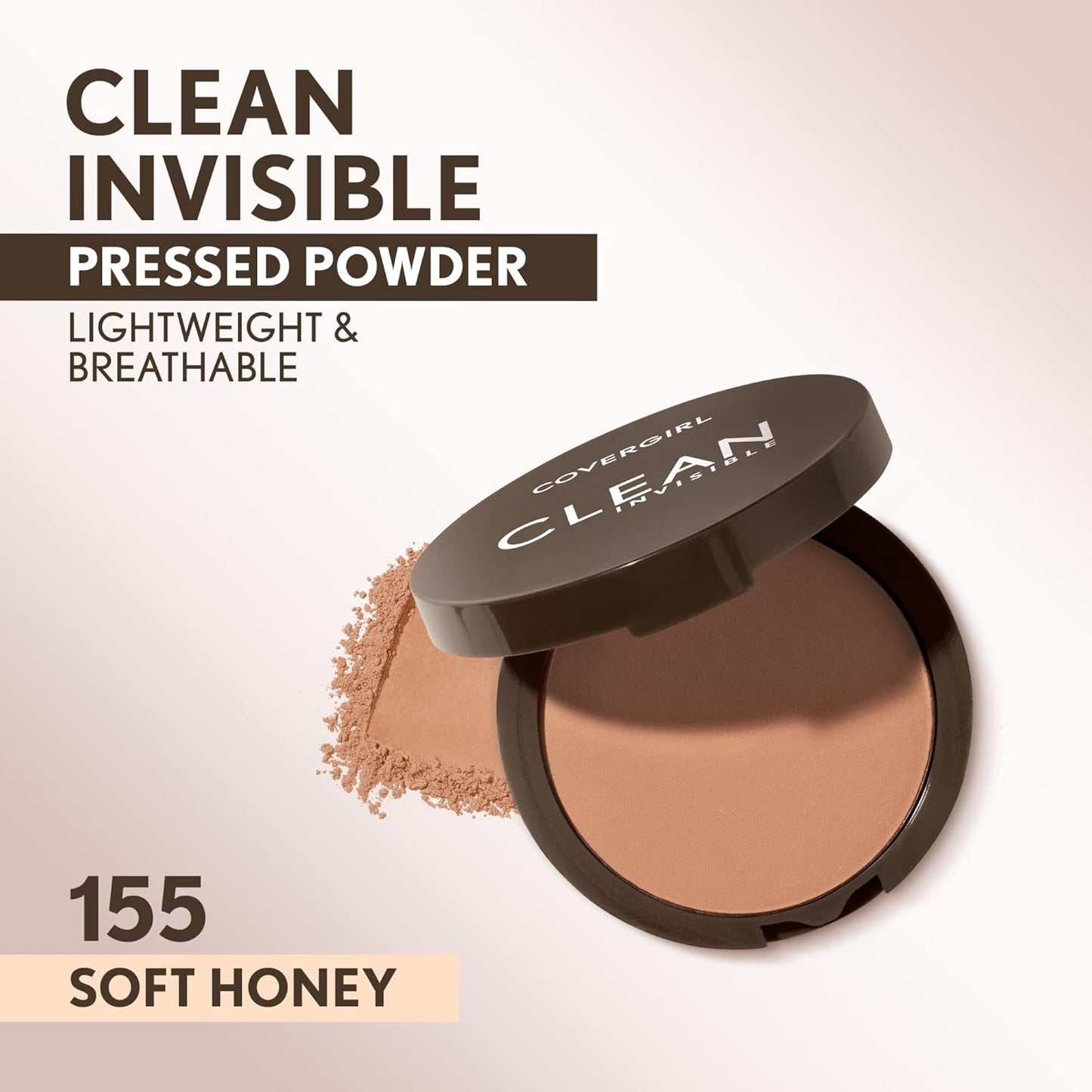 Covergirl Clean Invisible Pressed Powder, Lightweight, Breathable, Vegan Formula, Soft Honey 155, 0.38oz (Pack of 2)