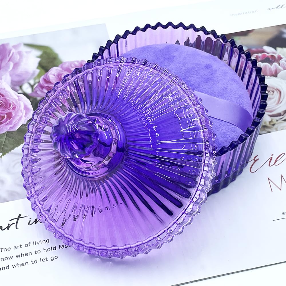 2 Pack Extra Large 5.2" Beige & Purple Powder Puffs and 5.3" Glass Container – Oversized Soft Body & Face Large Powder Puff Dusting Powder Jar Holder Case(Purple Glass)