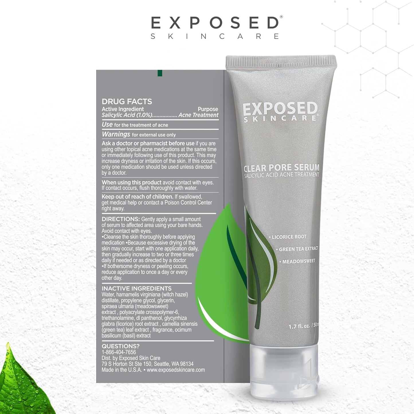 Exposed Skin Care Acne Treatment Kit - Includes Facial Cleanser, Clearing Tonic, Acne Treatment Serum, Clear Pore Serum, Clarifying Mask, Cloth - Natural Acne Solution for Face, All Ages & Skin Types