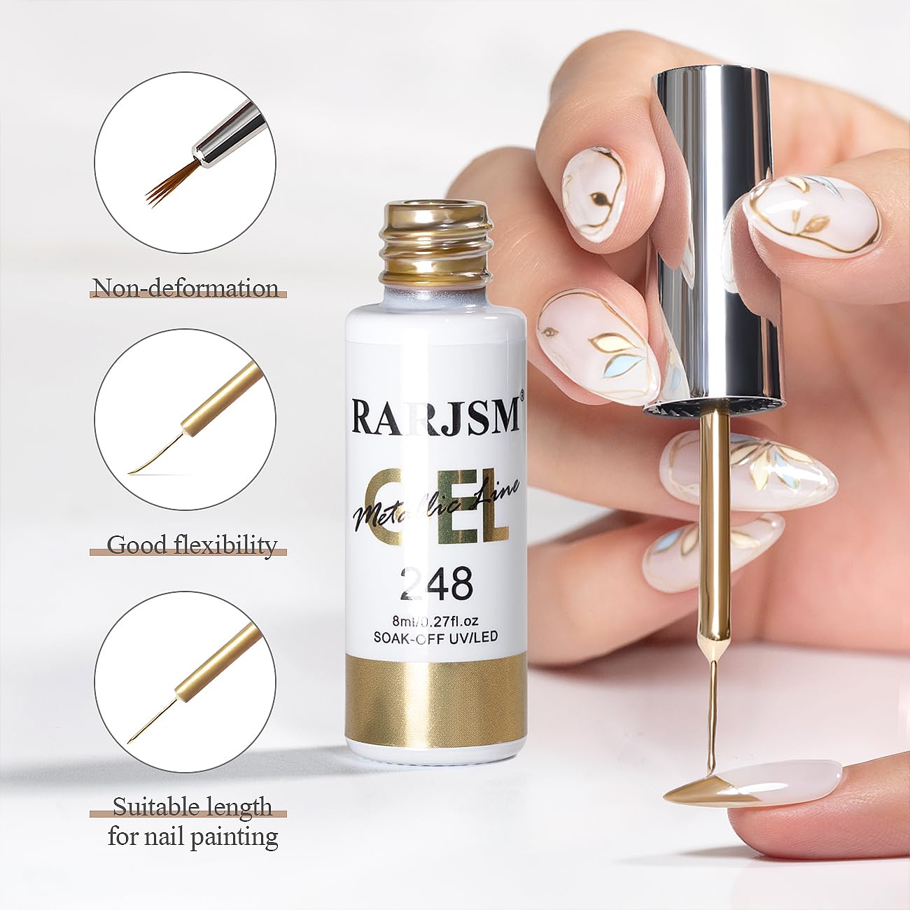 RARJSM Nail Art Gel Liner Metallic Bronze Gold and White 2pcs Set Mirror Chrome 3D Effect Gel Nail Polish 8ml Build in Thin Brush Swirl Drawing Stripper Gelpolish Curing Requires for Home Salon