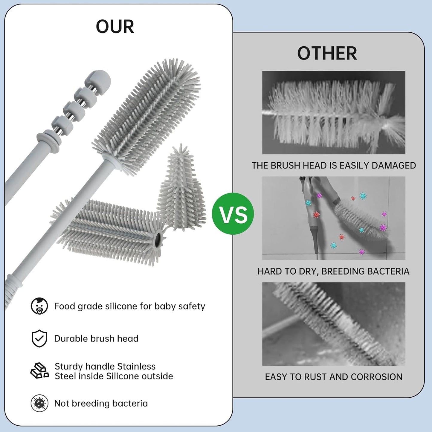 Baby Bottle Brush and Straw Cleaner Brush Set, Extra Long Double-Ended Soft Silicone Brush Cleaner for Baby Bottles, Water Bottles, Cups, Breast Pumps, Detachable & Hangable