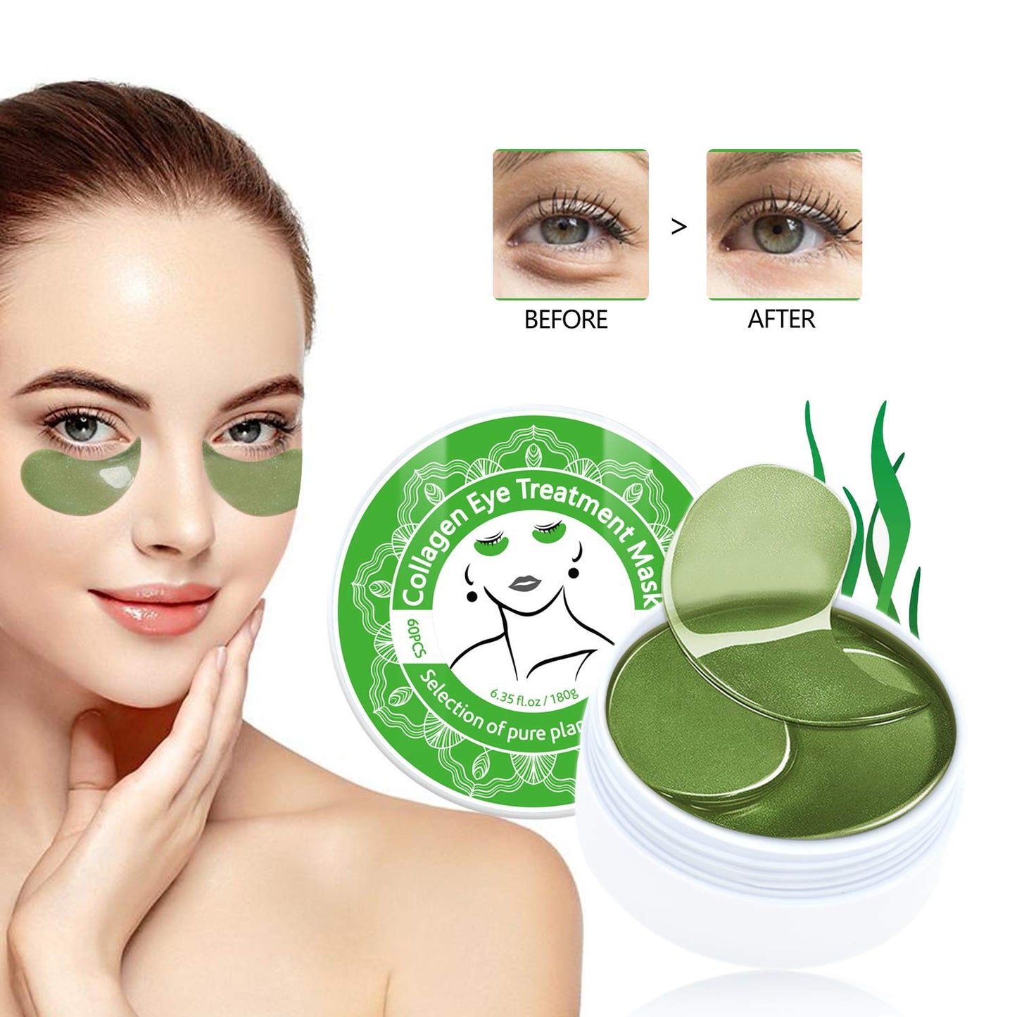 Under Eye Patches for Puffy Eyes: 60PCS Collagen Eye Gels Pads - Green Seaweed Under Eye Mask - Reduce Dark Circles & Bags - Skin Eye Care Products