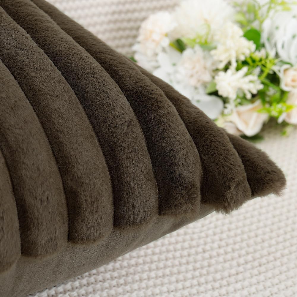 MADIZZ Set of 2 Faux Wool Plush Decorative Throw Pillow Covers 18x18 Inch Drak Brown Fluffy Striped Soft Decorative Cushion Cover for Sofa Bedroom Pillow Shell