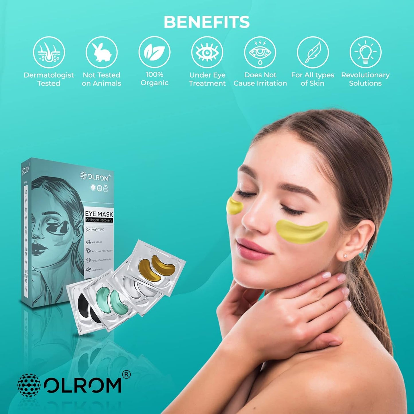 Collagen-Enriched Eye Mask - 16 pairs with 24k Gold, Dead Sea Minerals, Coconut Milk Protein and Aloe Vera under eye patches - Hydrating Hyaluronic Acid for Dark Circles & Puffiness - by Olrom