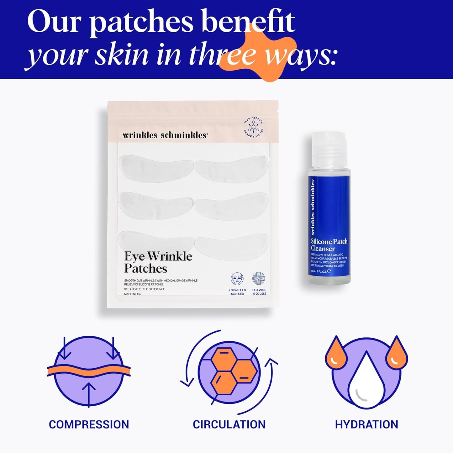 Wrinkles Schminkles Under Eye Wrinkle Starter Pack - Set of Reusable Under Eye Wrinkle Patches (3 pairs) + Silicone Patch Cleanser (2 oz) for Smoother Under Eyes & Fresh Look