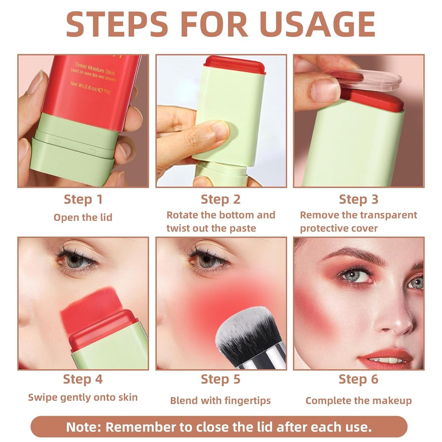 Cream Blush Stick for Cheeks, Multi-Use Makeup Blush Stick for Eye Lip Face, Travel-Friendly Tinted Solid Moisturizer Matte Blush, Natural Glow Blendable Smooth Blusher with Brush-Orange Coral