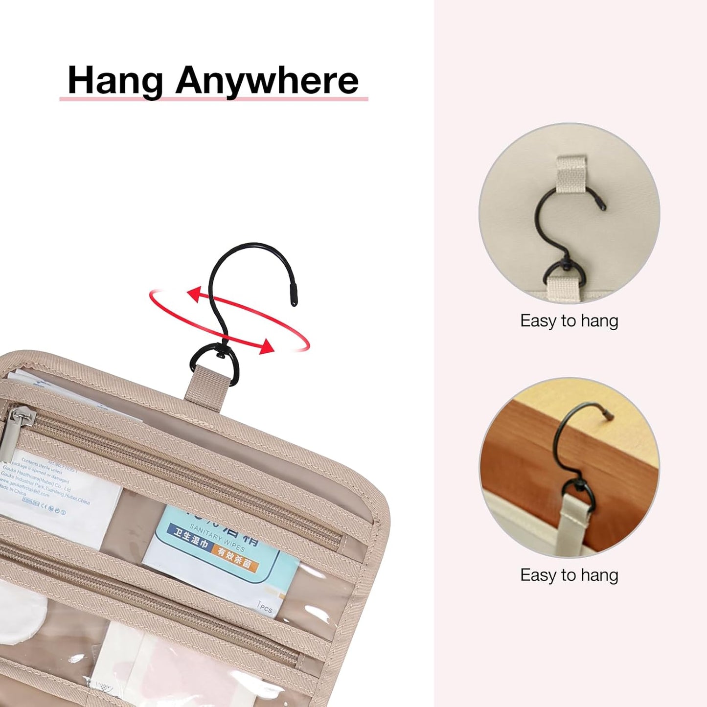 BAGSMART Toiletry Bag Hanging Travel Makeup Organizer with TSA Approved Transparent Cosmetic Bag Makeup Bag for Full Sized Toiletries, Large-Camel