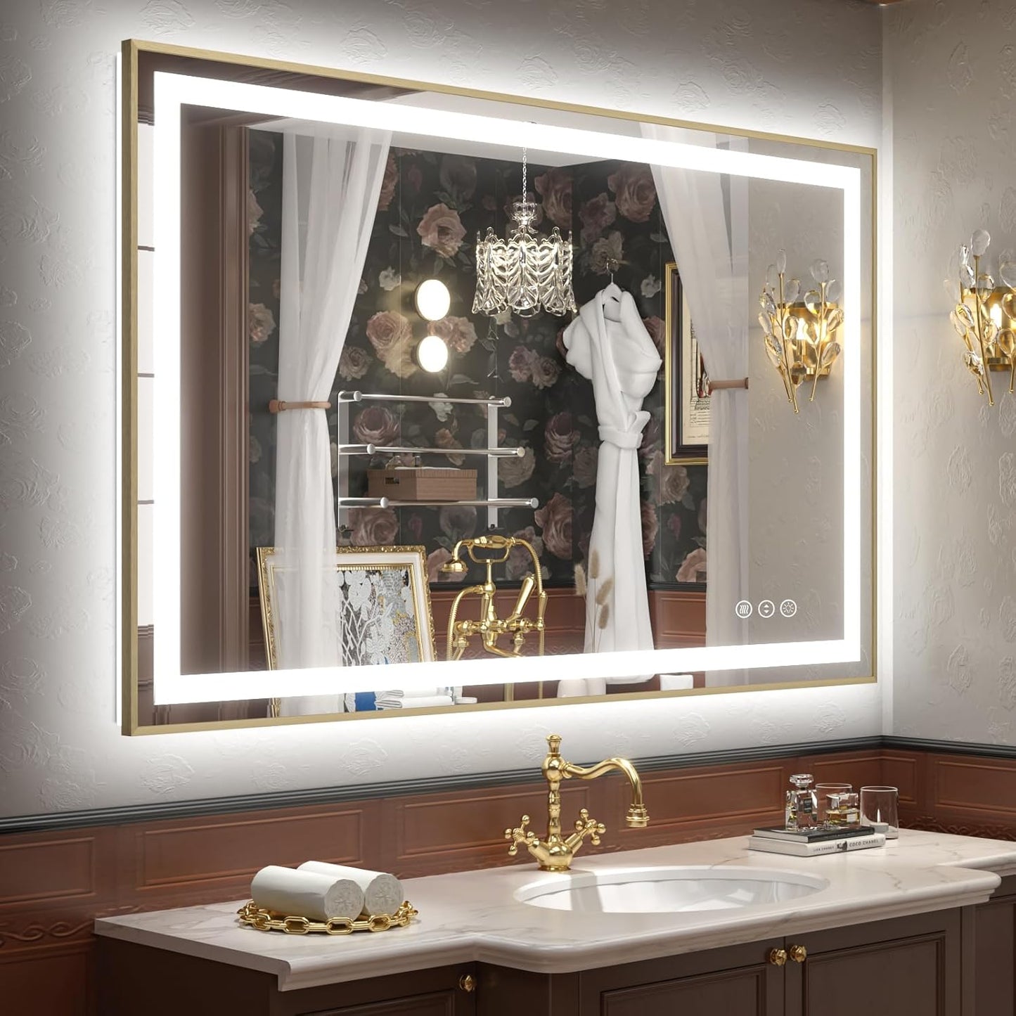 OKPAL 40x30 Gold LED Bathroom Mirror with Lights, Frontlit & Backlit Metal Framed Mirror, Lighted Bathroom Vanity Mirror, Anti-Fog, Dimmable 3 Colors, Shatterproof, Horizontal/Vertical